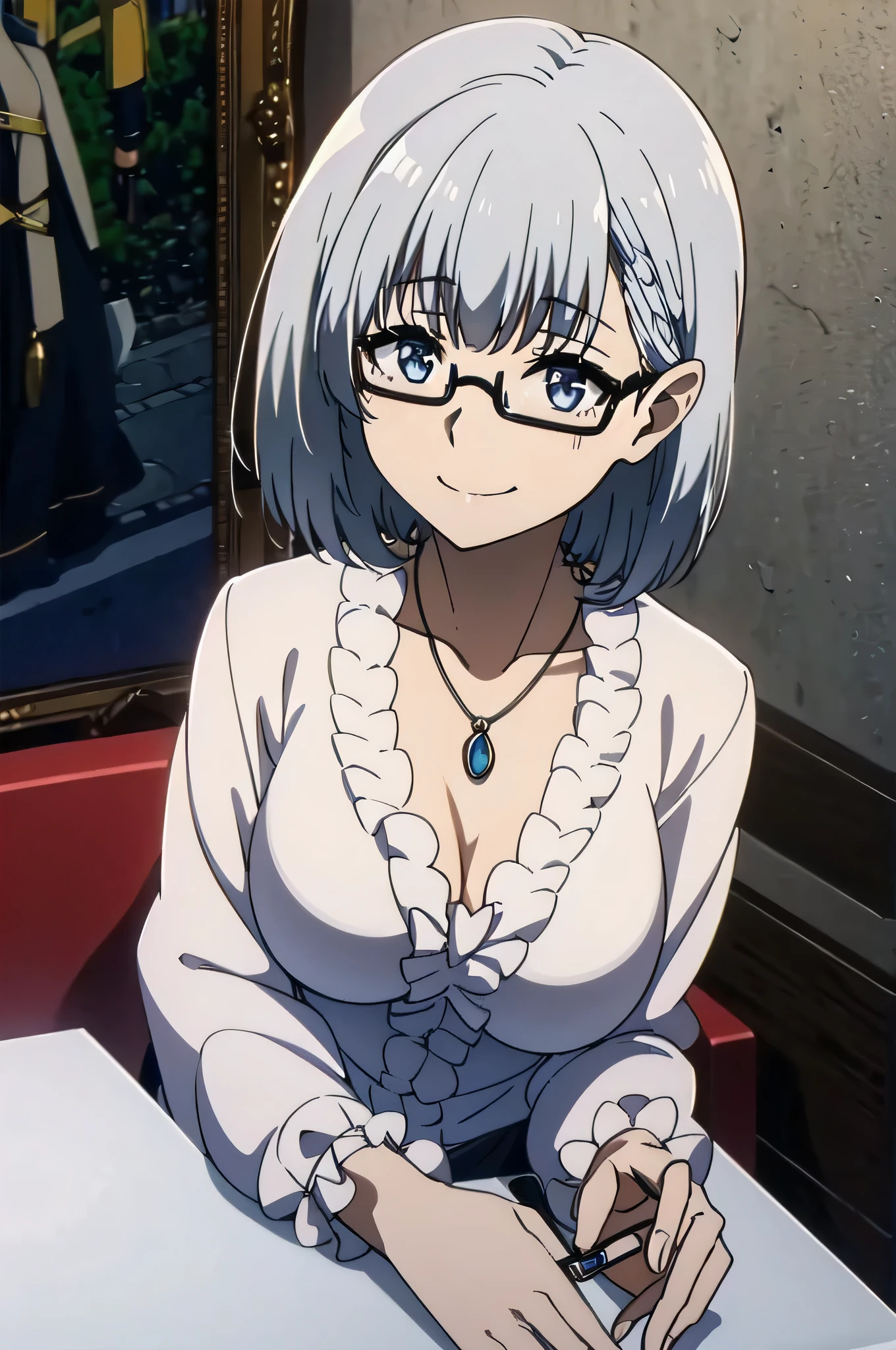 1girl, alternate_costume, bespectacled, closed_mouth, collarbone, glasses, jewelry, necklace, pendant, semi-rimless_eyewear, short_hair, silver_hair, smile, solo, under-rim_eyewear, upper_body,big breast,full body
