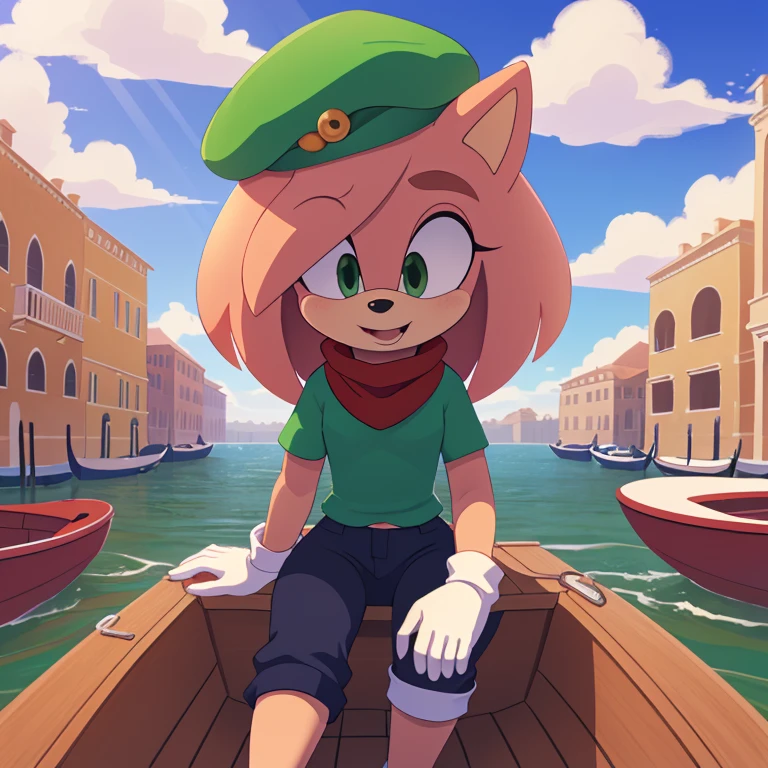 (Amy rose), full-length portrait, , (masterpiece, 4K) ((glistening body)) excellent quality, intricate detail, smooth lighting, 4k quality, ultra-detailed, subsurface scattering, ambient light, sharp focus, ((Italian hat, white beret, pantaloni pants, white pants, red maglione shirt)) ((expressive eyes, eyes shading)) ((Venice background, River, boats, bridge of rock, white gloves)) (border, sega, mammal, eulipotyphlan, white_border, tanlines, pink_body, solo, cub, youjomodoki, anthro,(green_eyes), full body, (face and bottom Focus, open smiles, expressive face), female, cream_fur, multicolored fur, ((sunny day, clouds, clouds shading)), ((sitting in boat)), Italy background, red hairband, red scarf