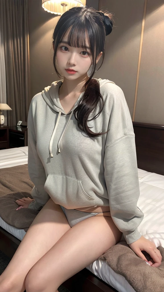 muste piece, best quality, illustration, Super detailed, fine details, High resolution, 8K,wall paper, perfect dynamic composition,(Details High quality, realistic depiction of eyes:1.3), Oversized Light Grey Hoodie, stylish little swimwear, ponytail,  black hair color, Big Natural Color Lip, bold sexy pose, (perfect body shape), crying a little、cold gaze, Harajuku style、20 year old girl、cute type、lolita、beautiful legs, hotel room, hposing Gravure Idol, Voluptuous thighs