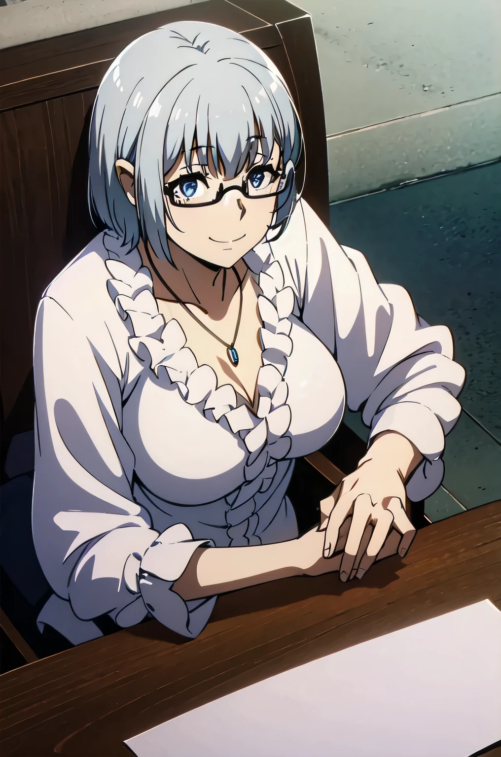 1girl, alternate_costume, bespectacled, closed_mouth, collarbone, glasses, jewelry, necklace, pendant, semi-rimless_eyewear, short_hair, silver_hair, smile, solo, under-rim_eyewear, upper_body,big breast,full body
