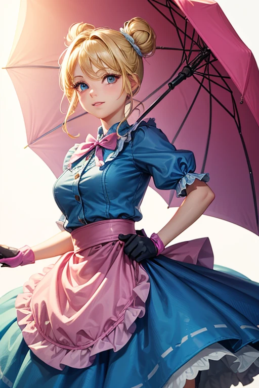 A girl with blonde hair wearing a blue dress and puffy sleeves, her hair is tied up in a bun. She is also wearing pink fingerless gloves, a pink belt, and blue footwear. The girl has a joyful expression on her face, with detailed and beautiful eyes, lips, and long eyelashes. The artwork is rendered in piperBS style, with high quality and ultra-detailed features. The colors are vivid and the lighting is balanced and natural. Carries a closed sniper umbrella.