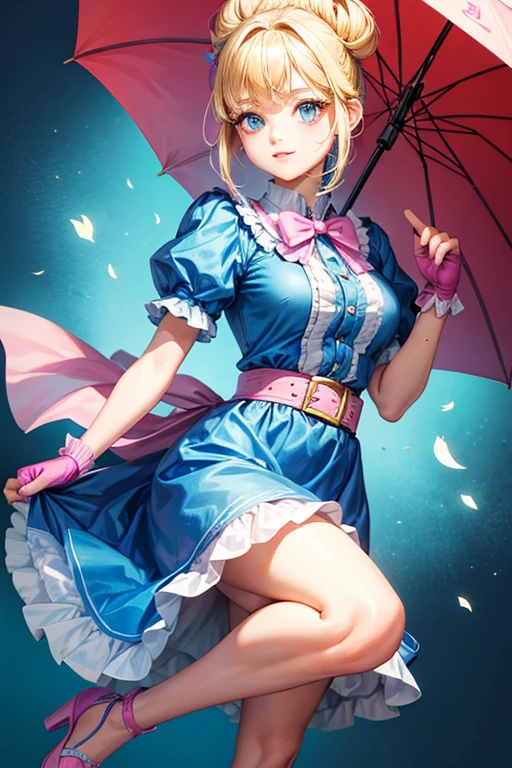 A girl with blonde hair wearing a blue dress and puffy sleeves, her hair is tied up in a bun. She is also wearing pink fingerless gloves, a pink belt, and blue footwear. The girl has a joyful expression on her face, with detailed and beautiful eyes, lips, and long eyelashes. The artwork is rendered in piperBS style, with high quality and ultra-detailed features. The colors are vivid and the lighting is balanced and natural. Carries a closed sniper umbrella.