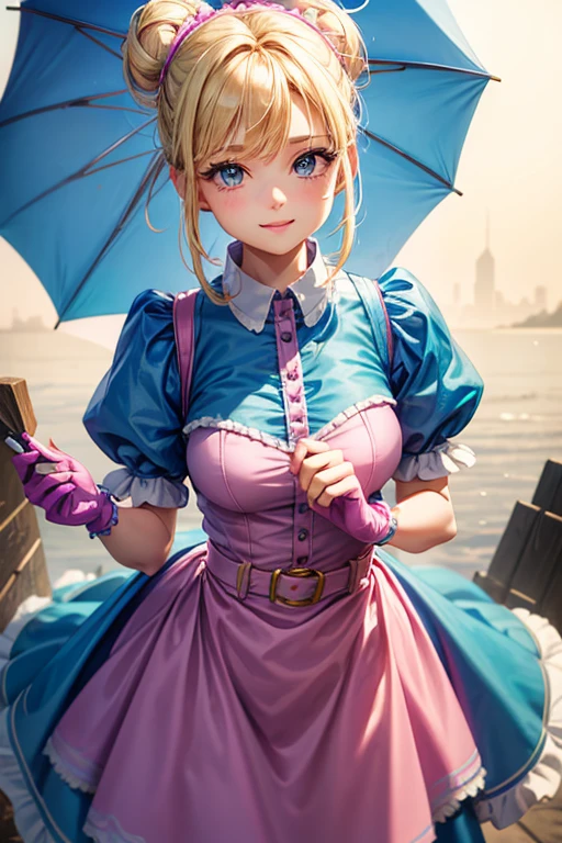 A girl with blonde hair wearing a blue dress and puffy sleeves, her hair is tied up in a bun. She is also wearing pink fingerless gloves, a pink belt, and blue footwear. The girl has a joyful expression on her face, with detailed and beautiful eyes, lips, and long eyelashes. The artwork is rendered in piperBS style, with high quality and ultra-detailed features. The colors are vivid and the lighting is balanced and natural. Carries a closed sniper umbrella.