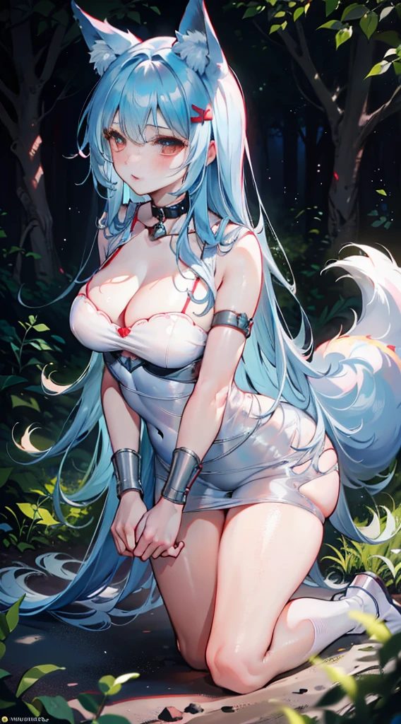 extremely detailed face,Hung on a tree,Wrapped in net,Bright red lips,Blue long hair,Kneeling on the ground,Calm expression,Malu,blush,Handcuffs,Collar,hands behind back,Fox ears,Glowing skin,Abandoned Town,Stone ground,trees