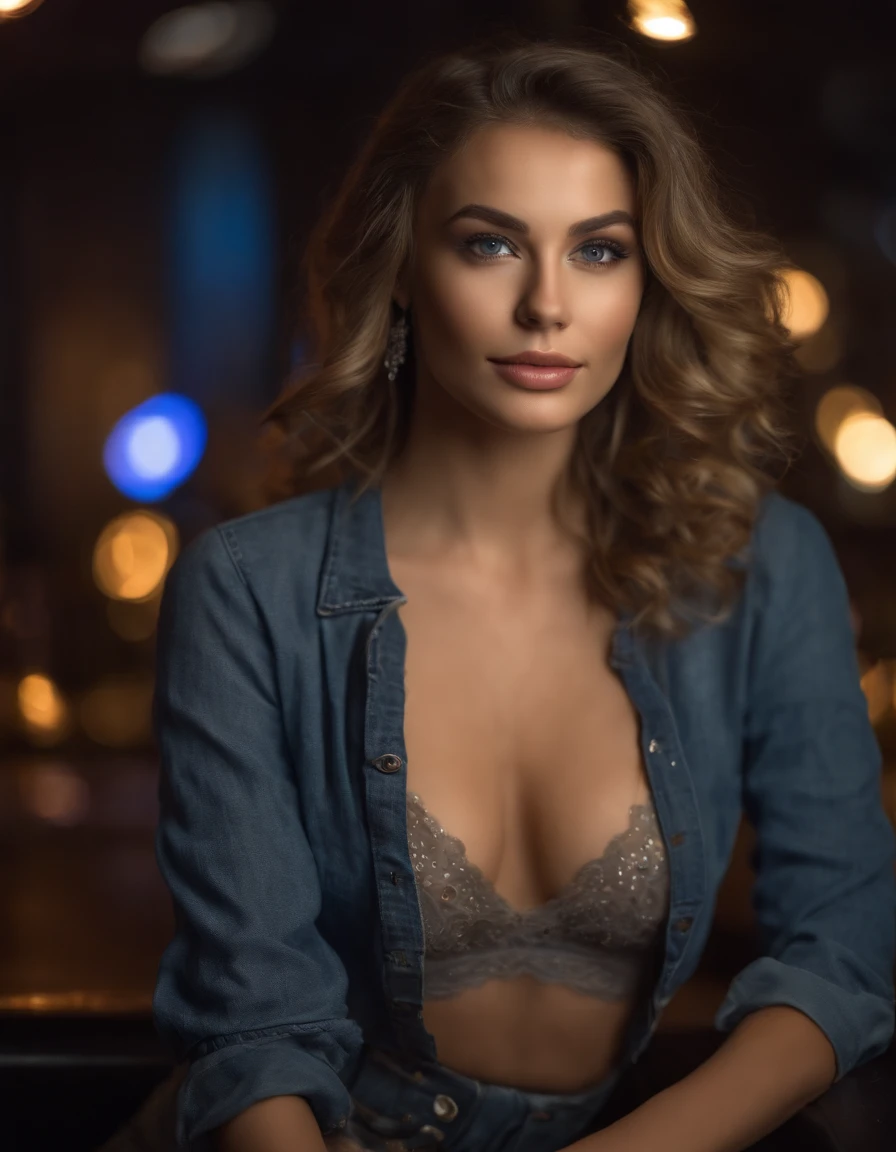 Beautiful Russian woman, brunette with blonde highlights wearing a gray showing clevage transparant top (sitting with crossing legs in a night club ), tight mini cotton underpants, highly detailed, 22 years old, ,confident sexy seductive face, natural wavy hair, blue eyes, high resolution, Masterpiece, Best quality, Intricate high detail, Highly detailed, Sharp focus, Detailed skin, realistic skin texture, texture, detailed eyes, professional, 4k, charming smile, 8k UHD, photography
