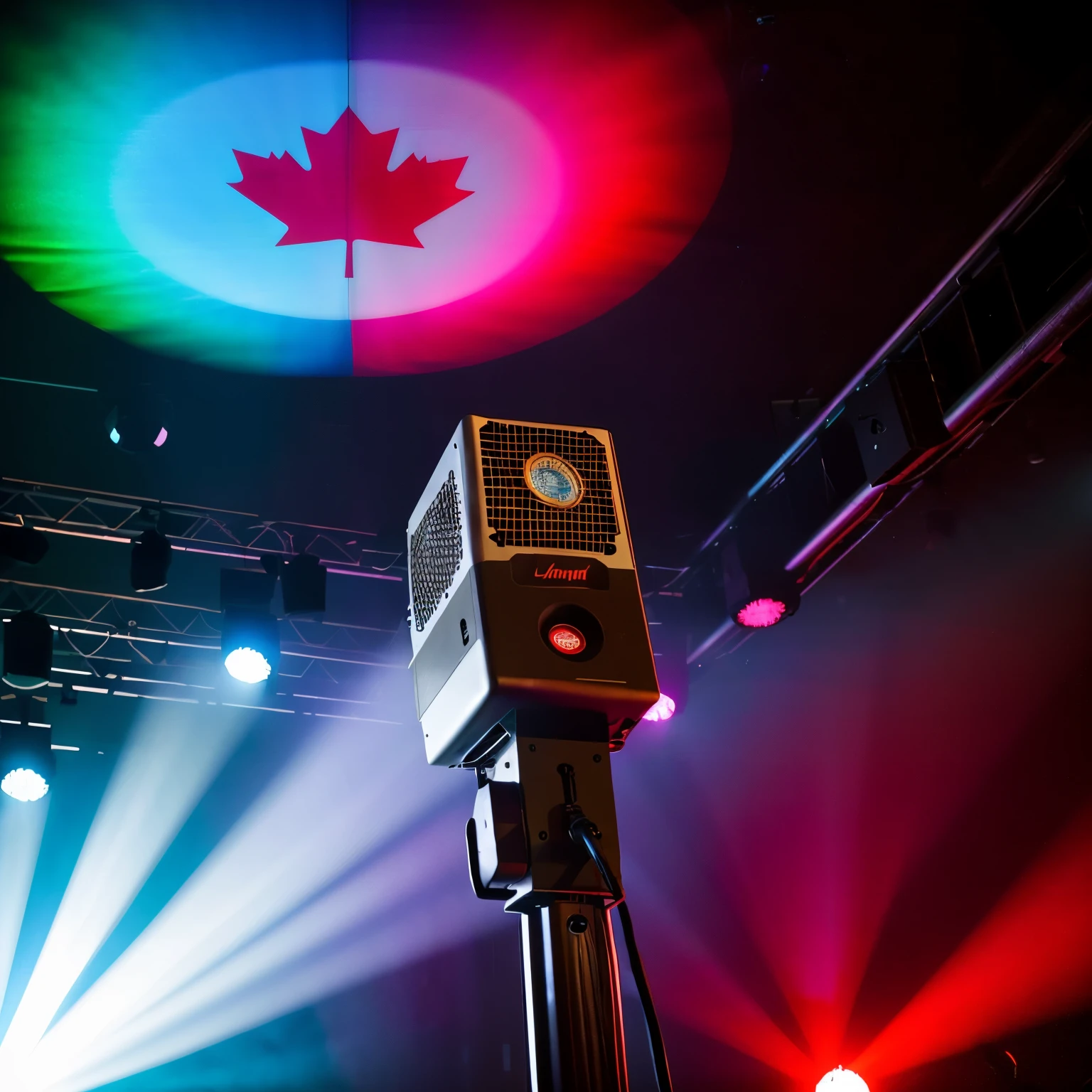 "High-quality photo projection: Scene projector lights shine on the Canadian flag backdrop, with the word " FAN " written in three different colors above and a singer's microphone below. in the middel"