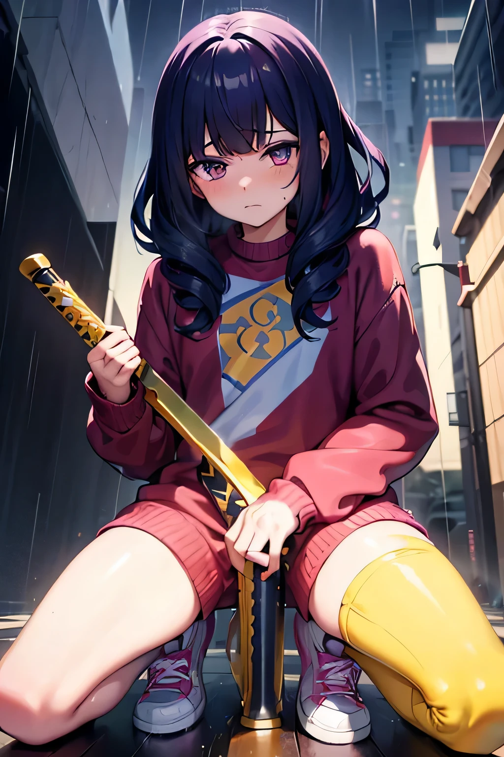 yelow swirt boy, in the rain, holding a sword, short wavy and curly hair and the color purple, wears a red sweater with yellow details, and white sneakers with black details, his eyes are red and he is sad