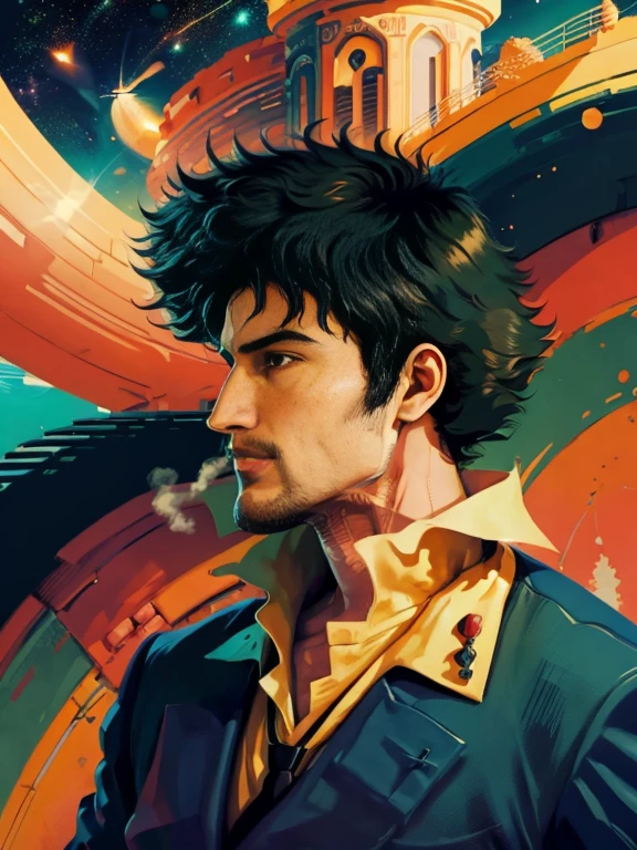 spikespiegel, formal, smoking, incredible art, great quality, poster, vector style, portrait, space background, multi colors image