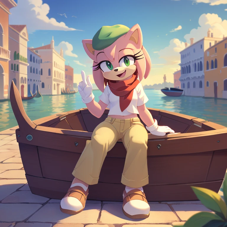 (Amy rose), full-length portrait, , (masterpiece, 4K) ((glistening body)) excellent quality, intricate detail, smooth lighting, 4k quality, ultra-detailed, subsurface scattering, ambient light, sharp focus, ((Italian hat, white beret, pantaloni pants, white pants, red maglione shirt)) ((expressive eyes, eyes shading)) ((Venice background, River, boats, bridge of rock, white gloves)) (border, sega, mammal, eulipotyphlan, white_border, tanlines, pink_body, solo, cub, youjomodoki, anthro,(green_eyes), full body, (face and bottom Focus, open smiles, expressive face), female, cream_fur, multicolored fur, ((sunny day, clouds, clouds shading)), ((sitting in boat)), Italy background, red hairband, red scarf