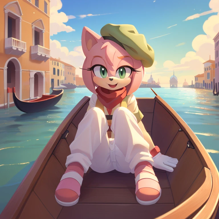 (Amy rose), full-length portrait, , (masterpiece, 4K) ((glistening body)) excellent quality, intricate detail, smooth lighting, 4k quality, ultra-detailed, subsurface scattering, ambient light, sharp focus, ((Italian hat, white beret, pantaloni pants, white pants, red maglione shirt)) ((expressive eyes, eyes shading)) ((Venice background, River, boats, bridge of rock, white gloves)) (border, sega, mammal, eulipotyphlan, white_border, tanlines, pink_body, solo, cub, youjomodoki, anthro,(green_eyes), full body, (face and bottom Focus, open smiles, expressive face), female, cream_fur, multicolored fur, ((sunny day, clouds, clouds shading)), ((sitting in boat)), Italy background, red hairband, red scarf