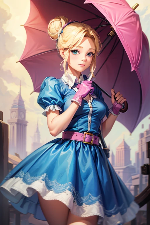 A girl with blonde hair wearing a blue dress and puffy sleeves, her hair is tied up in a bun. She is also wearing pink fingerless gloves, a pink belt, and blue footwear. The girl has a joyful expression on her face, with detailed and beautiful eyes, lips, and long eyelashes. The artwork is rendered in piperBS style, with high quality and ultra-detailed features. The colors are vivid and the lighting is balanced and natural. Carries a sniper umbrella, her umbrella is closed, her umbrella hides a sniper.