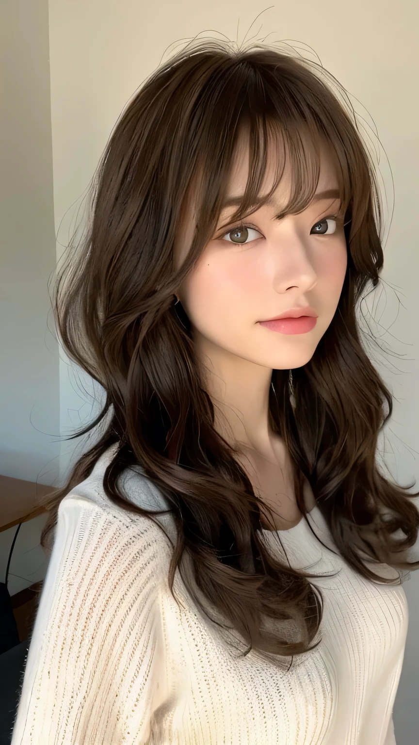 (highest quality、16K resolution)1 girl、solo、Natural soft light、、Japanese women、Looking at the camera、White long sleeve knit、standing、Beaver、Female in her late teens、Light bangs、short hair、Salon model、Natural look、Portrait、Floated hair、Hair curled with a 32mm curling iron、Brown hair、Back view、