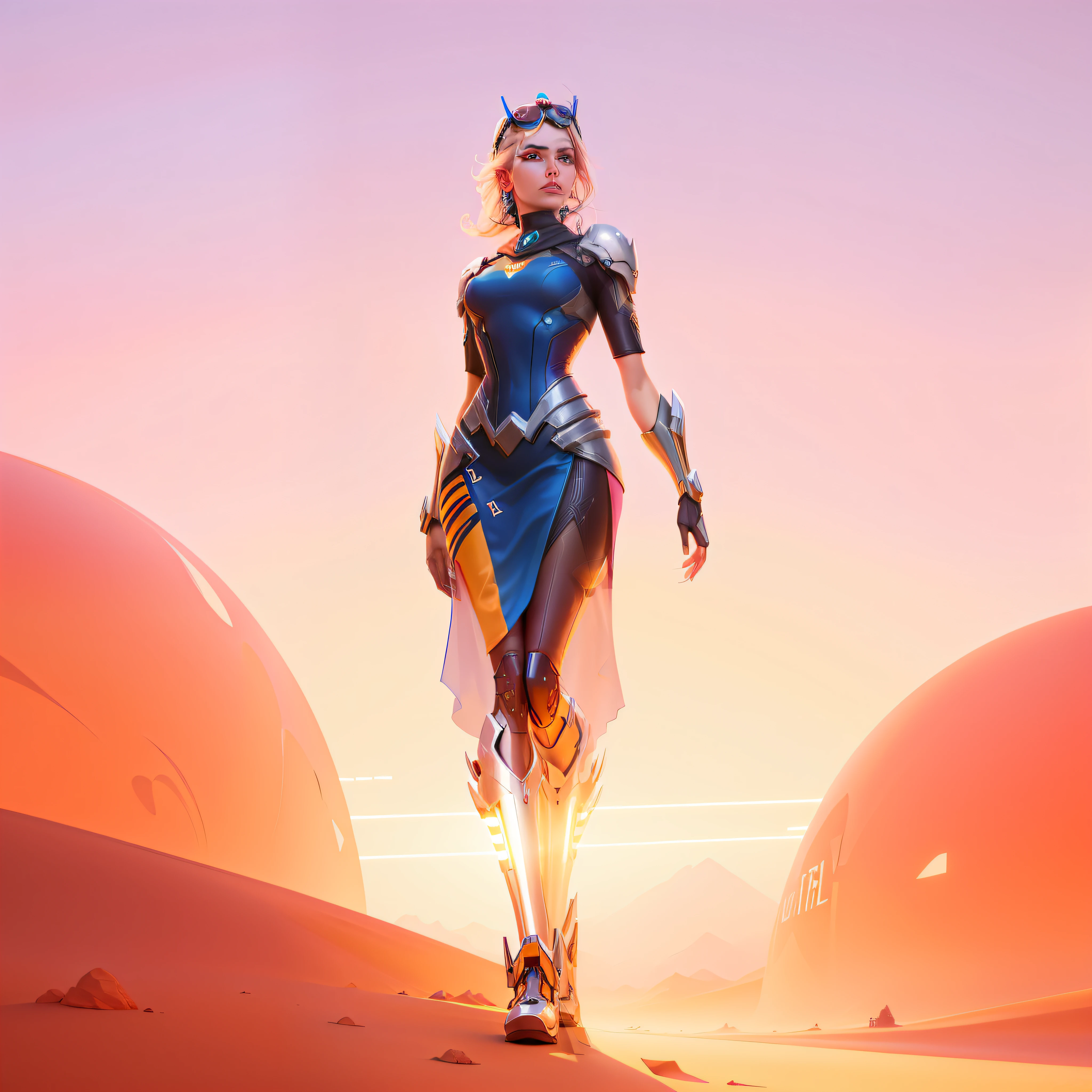 mulher arafed em um vestido futurista andando em um deserto, rossdraws global illumination, Artgerm Julie Bell Beeple, arte conceitual digital suave, rossdraws volumetric lighting, estilo de arte futurista, Beeple e Tim Hildebrandt, sojourn from overwatch, Rhats e Lois van Baarle, bela arte conceitual de corpo inteiro, arte conceitual colorida