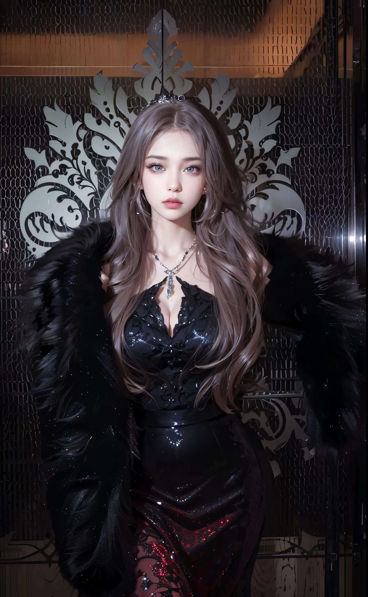 Game Art，Best image quality，Maximum resolution，8k，(A half-length photo)，(portrait)，(Head close-up)，(Rule of Thirds)，Unreal Engine 5 rendering works，20 year old girl，((Queen))，Eyes are very detailed，(Large Breasts)，Elegance and nobility，movie lights，Ray Tracing，Game CG，((3D Unreal Engine))，OC rendering reflection pattern，4K，Ultra-clear，Translucent lace，Fair and plump figure，Pretty Face，Glossy Gel Coat，身着华贵礼服的Queen，Necklace jewelry，dark blue pupils(Like the eyes of the starry sky)，Gold Jewelry，gothic style