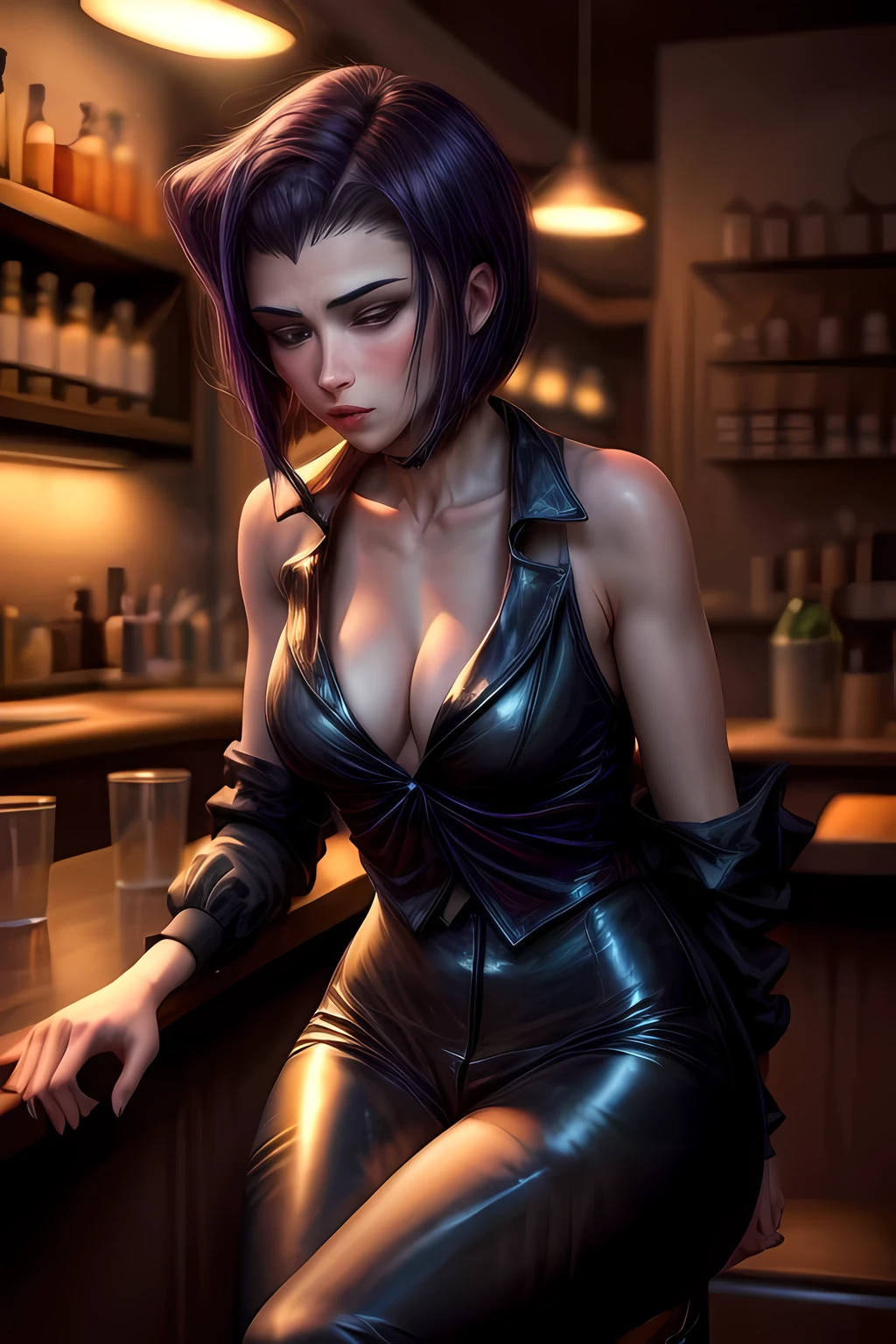 masterpiece,best quality,1girl,mature female,faye valentine,formal,tuxedo,necktie,black pants,light frown,blush,drunk,half-closed eyes,sitting against counter,bar,science fiction,cowboy shot,