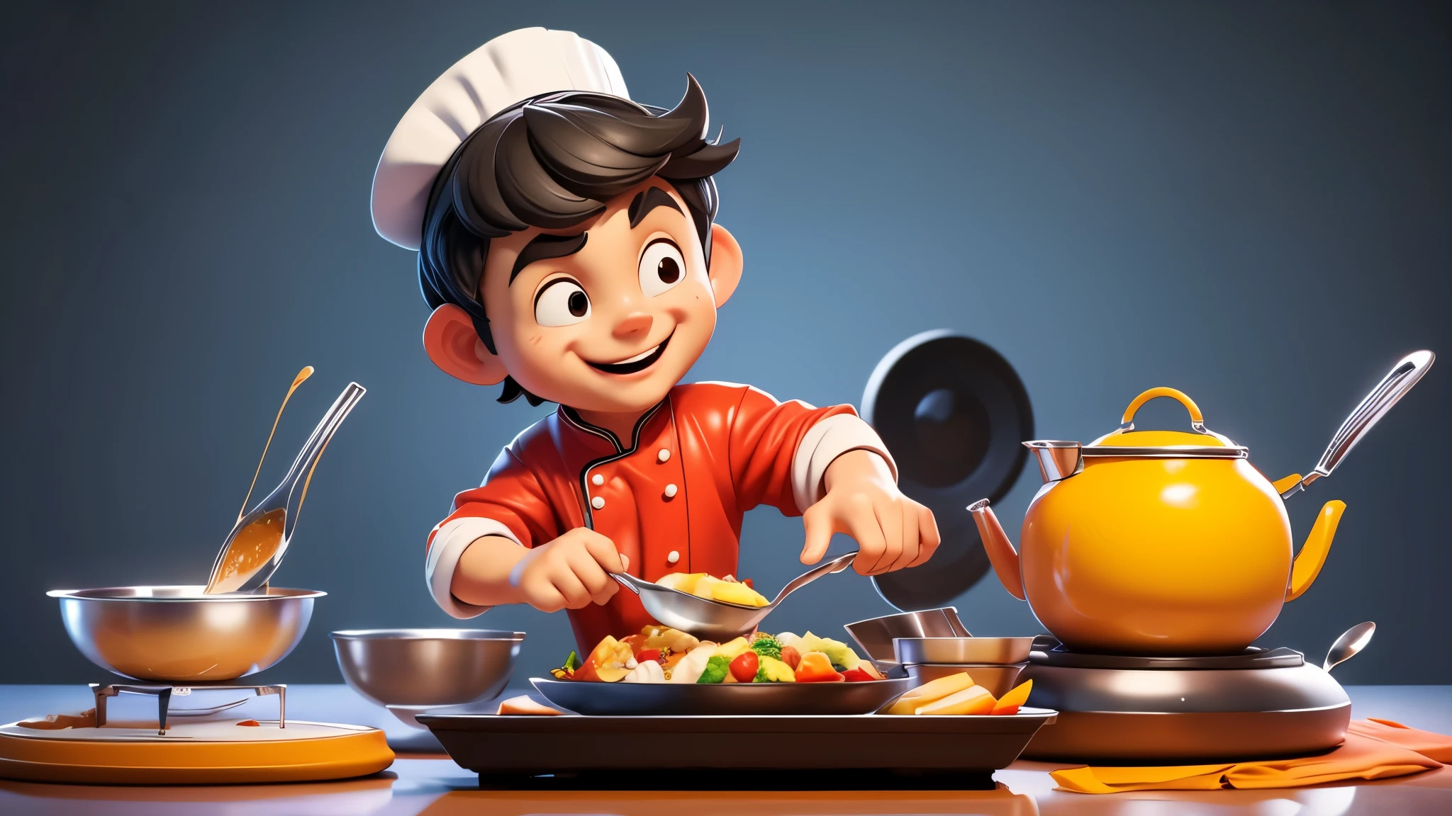 (best quality, 3d animation :1.2), masterpiece, Handsome Chef cooking, Handsome Chinese chef,Smiling chef, Black Hair, Clean background, Solid color background,Realistic style, realistic 3d animation, cooking, pan, stove,  Exquisite ingredients, Stainless steel countertops, Delicious aroma, 熟练的cooking技巧, Delicious seasoning, Vibrant colors, Precise movements, Performance characteristics,, A focused and determined expression, enjoy the process, High quality raw materials, Elaborate dishes, Rich texture and detail, Dynamic Lighting, Tone, 精彩的cookingmasterpiece.