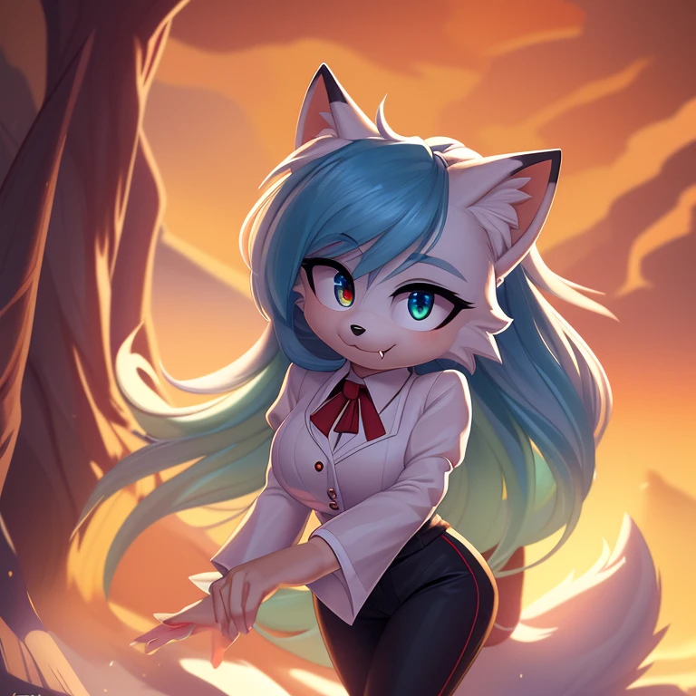 Mobian, ((arctic fox, long hair, fluffy hair, fluffy tail, finger claws, cute fangs, heterochromia, yellow eyes, blue eyes, kemono, braided hair, ear piercing, inner ear fluff, :3, multicolored hair, white hair, blue hair, highlights (coloring))), female anthro, high resolution, beautiful face, beautiful eyes, hyper detailed, Masterpiece, high quality, studio quality, intricate details, 8k, dynamic shot, HD, absurd res, digital media, ((tuxedo, dress pants))