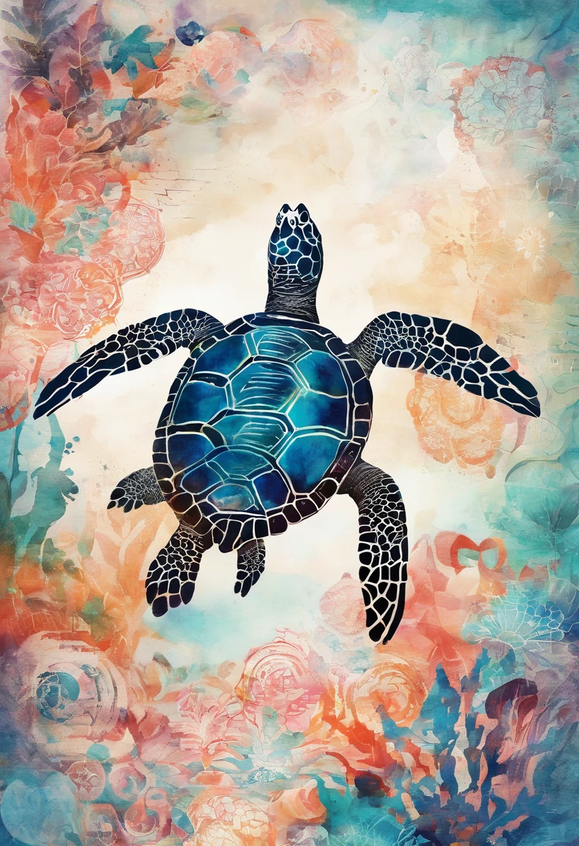 Tortue nageant, mer, corail, vagues, pachamama ::2 colorful ink painting ::2 art fantasy
