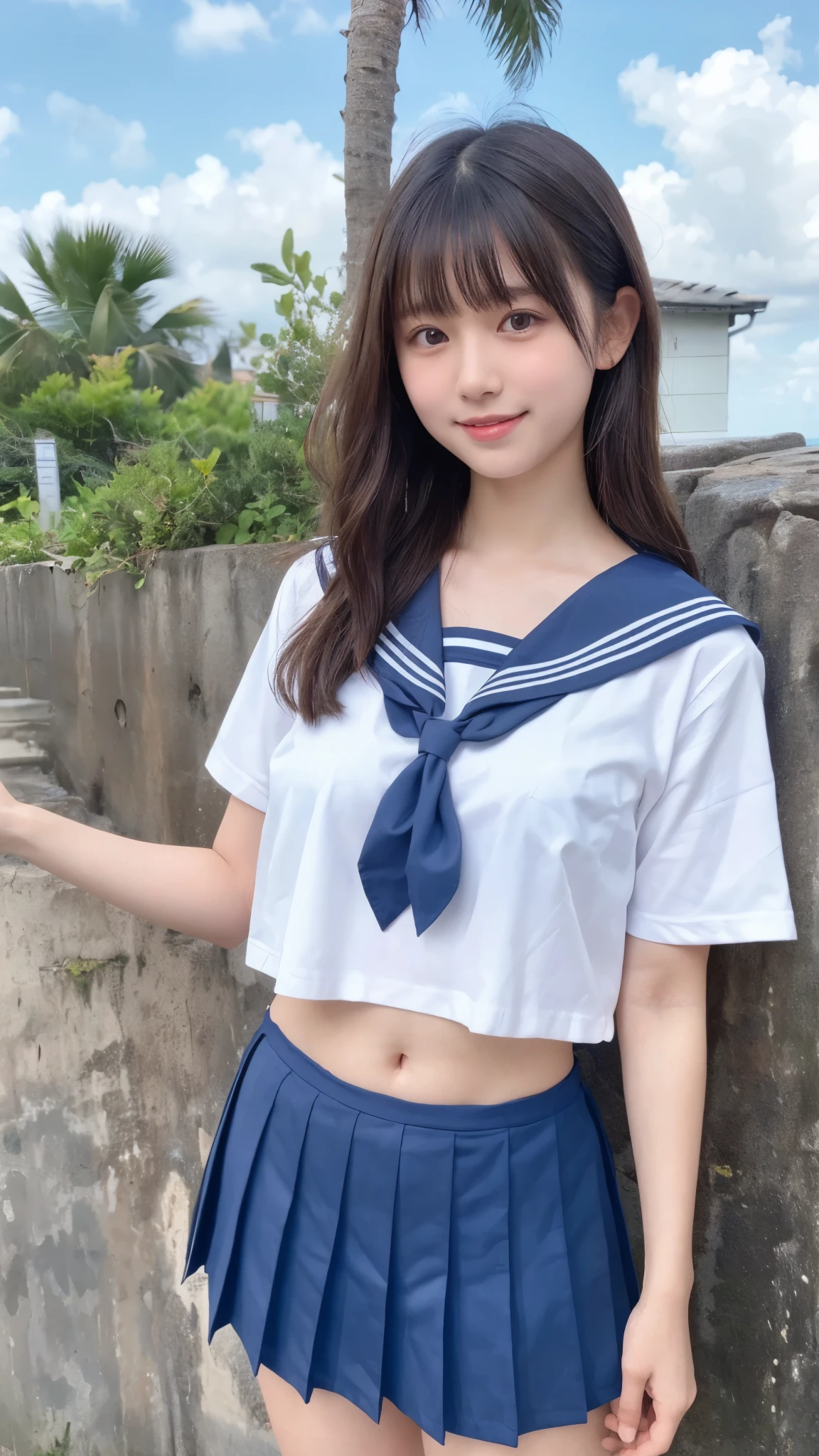 (best quality, 8k, 32k, masterpiece, UHD:1.2), (RAW photo), (realistic), (photorealistic:1.2), (high resolution), huge filesize, ultra-detailed, extremely beautiful face & eyes, 1girl, japanese elementary school student,14yo, 13yo, 12yo, round small face, baby face, thin waist, beautiful belly skin, large breasts, slim proportions, perfect thin thighs, small butt, (darkblue pleated mini skirt, japanese sailor, sailor fuku, serafuku, japanese school sailor suit, sailor red neckerchief), nice hands, perfect hands, accurate hand depiction, sweaty, shy smile, pure white teeth, from below, (blue sky, summer, sun, beach, palm tree, outdoors),