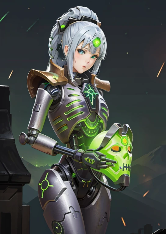 (1girl) (digital) ( in detailed observatory, ( glowing, armor, robot, mask)) , best quality, necrons, 