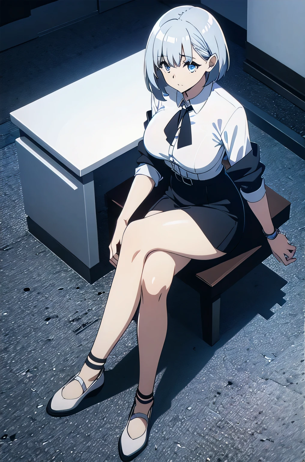 1girl,silver hair,,short hair, blue eyes,white shirt,black mini skirt,sitting in the office,full body,crossed legs