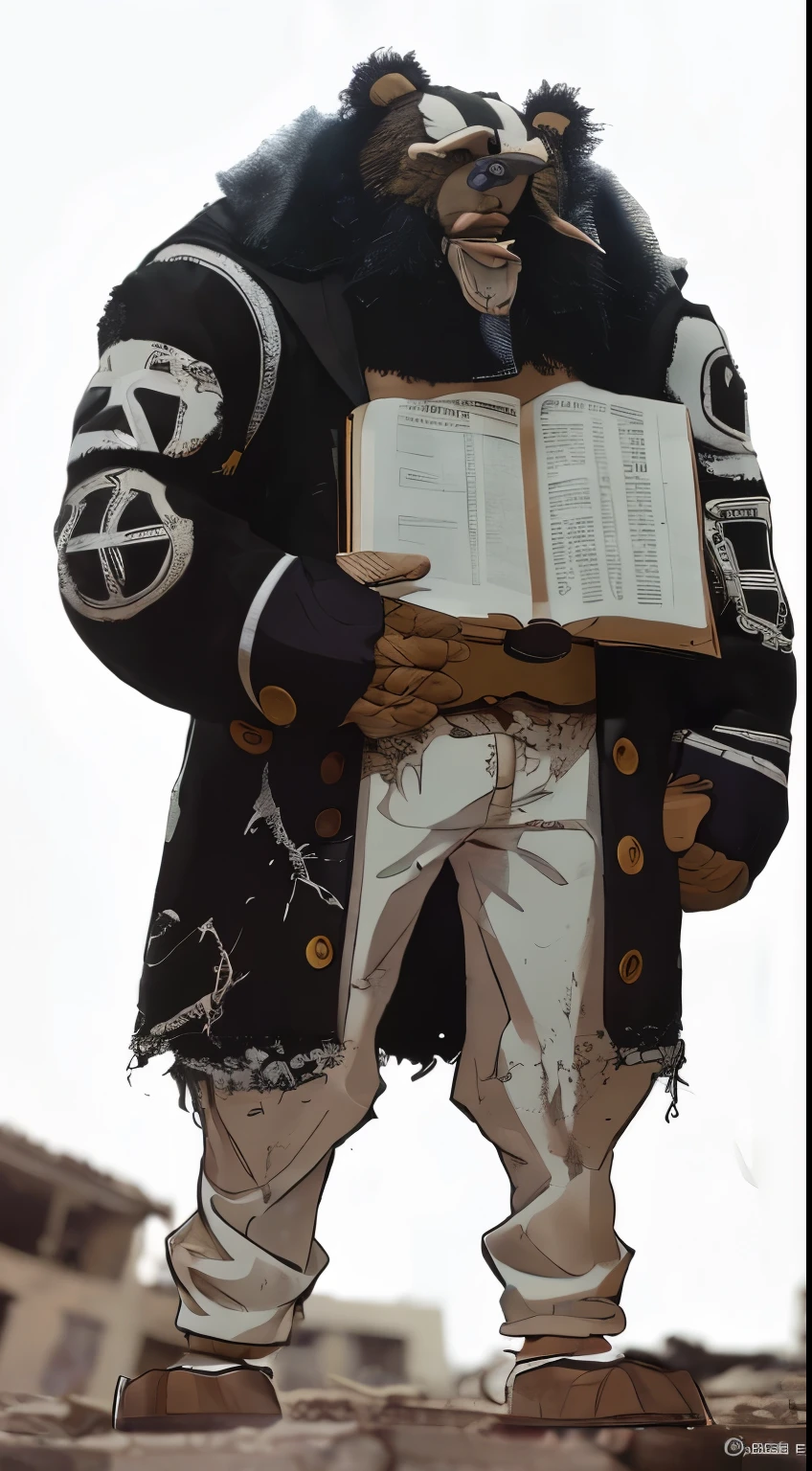 Canon EOS 5D, A full-body statue of "Bartholomew Bear" depicted in realistic live-action, just like in the movies. He is a character from "One Piece" and has an enormous physique, standing over 7 meters tall. He wears an oversized hat with bear ears on his head and always carries a Bible in his hand. His hair is short and black, he has a stern expression, and he wears white trousers and a matching formal, stylish jacket. This scene captures him standing in front of a crumbling building in a devastated city. The background is a desolate landscape, highlighting his loneliness and strength. The image was shot with a Canon EOS 5D, which captures his powerful figure and the details of his environment clearly. His pose shows authority, yet expresses quiet strength!