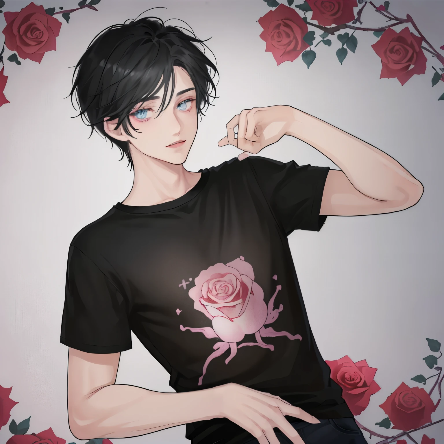 Fait un jeune homme charmant au cheveux noir, des yeux rose un tee shirt noir avec hello kitty dessu, un pantalon rose avec plusieurs hello kitty
