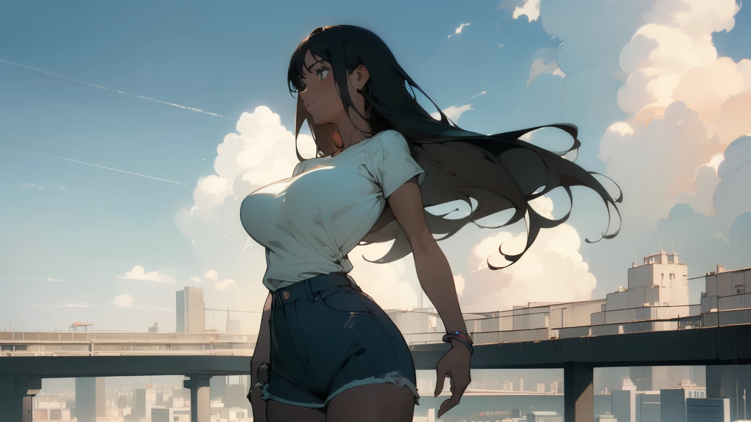 ((((masterpiece, Best Quality, Ultra-high resolution)))),She has a beautiful curvaceous and muscular figure.,she has big breasts,(((Brown Skin))),Long black hair,(A baggy plain white T-shirt, loose blue shorts),blue sky,((A detailed modern cityscape))