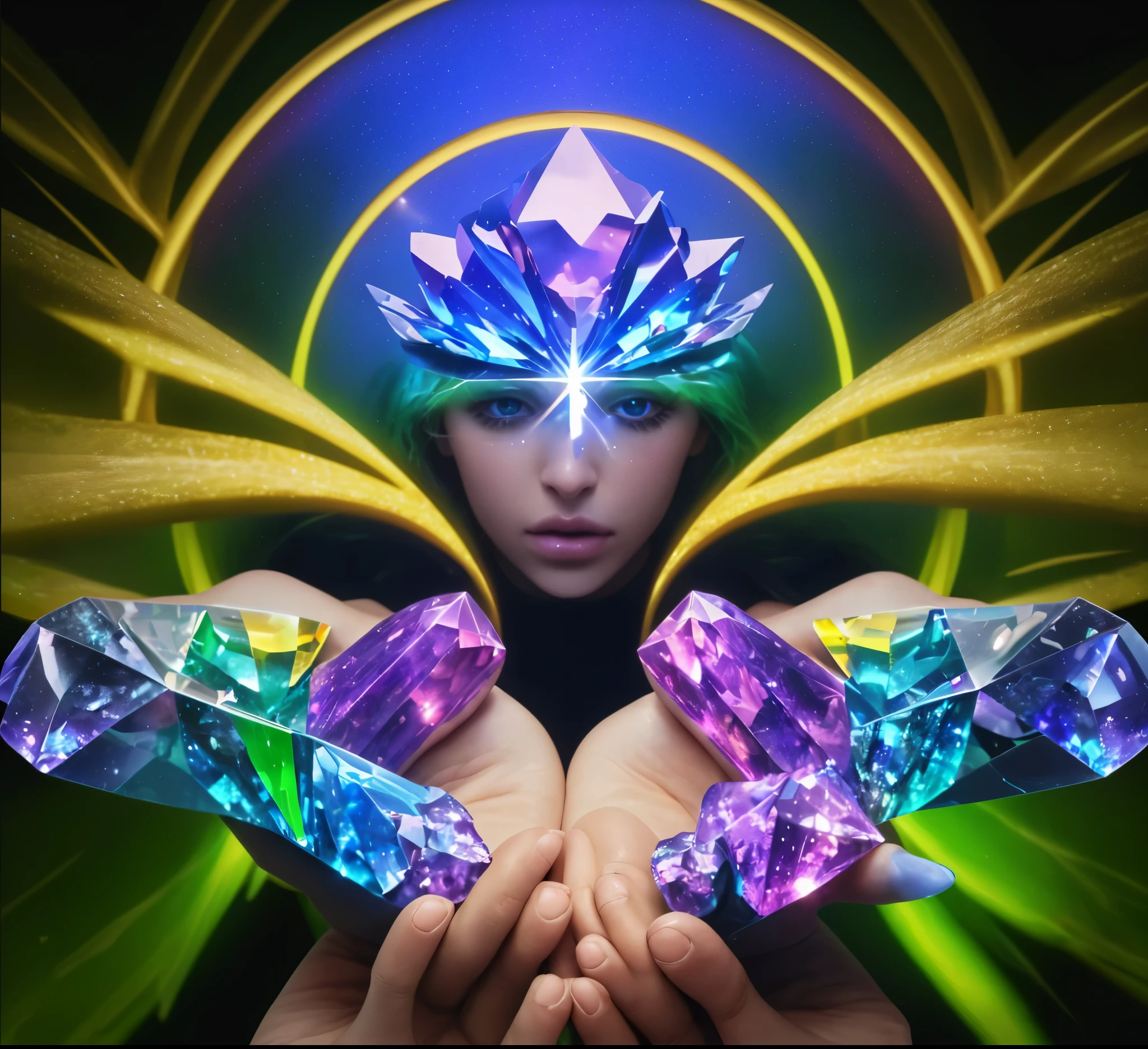 Vivid ultra realistic high definition high resolution 
Holding crystals in hand