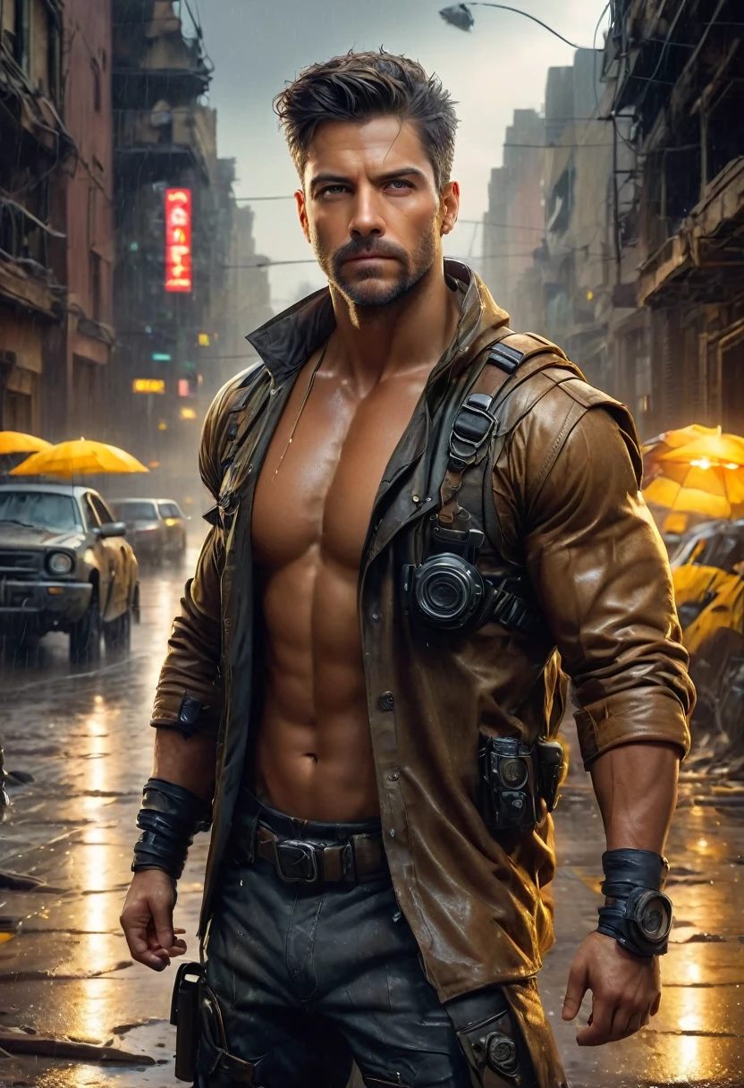 realista:1.3,( fotorrealista, 8k, Fotos CRUDAS, Calidad premium, obra maestra, epic lighting. de cerca, Imagen centrada), (primer plano),((1 hombre hermoso seguro de si misma musculos bien formados, post apocalyptic, guerrero, Rostro y cuerpo perfectamente detallados, (primer plano), escenario lluvioso, poca iluminacion por la lluvia, rostro y cuerpo mojados por la lluvia,iluminacion del de rayos, dynamic pose, cabello hermoso y detallado, ropa de cuero))