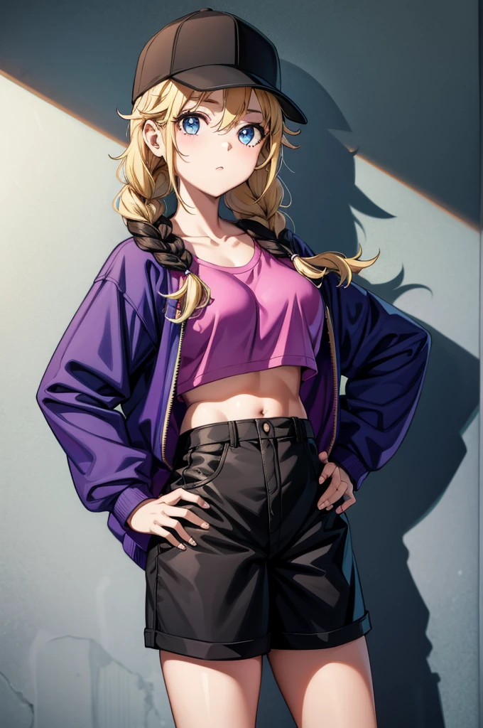 a male anime character posing wearing hat, pink pants and top with gloves, 1girl, solo, hat, blue eyes, shorts, blonde hair, twin braids, jacket, braid, black shorts, breasts, navel, crop top, hands on hips, shirt, looking at viewer, off shoulder, open jacket, white shirt, large breasts, black headwear, long hair, open clothes, baseball cap, midriff, bare shoulders, sleeveless, cowboy shot, sleeveless shirt