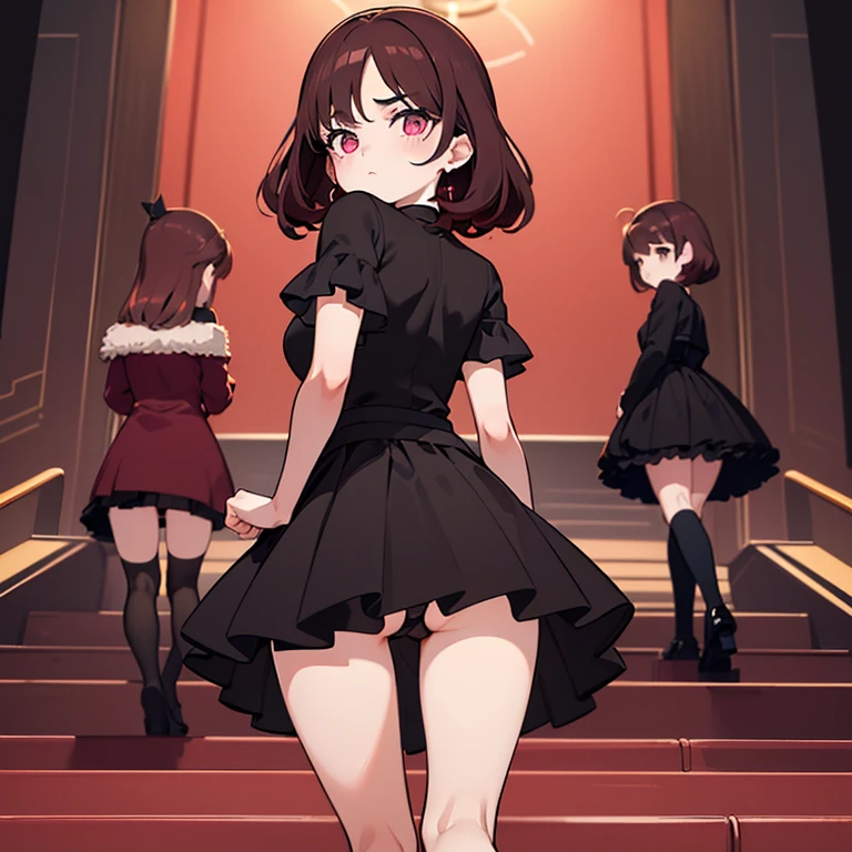 , young, 3 girls, (, goth, black dress, miniskirt, black panties), (redhead, pink dress), (brown hair, coral dress), stairs, low angle, from behind, looking back