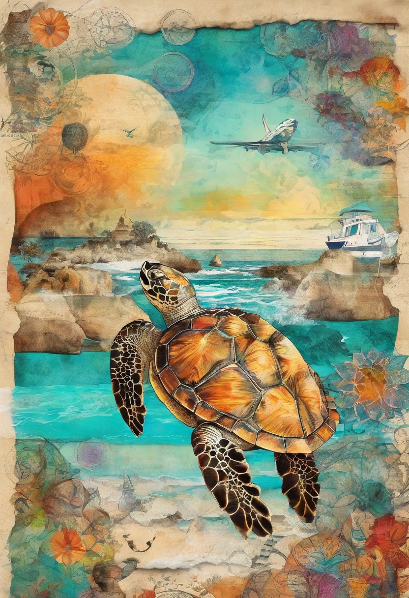 Tortue, ponte, oeufs, plage, ocean ::2 colorful ink painting ::2 art fantasy