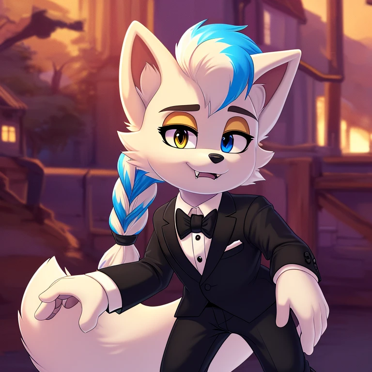Mobian, ((arctic fox, long hair, fluffy hair, fluffy tail, finger claws, cute fangs, heterochromia, yellow eyes, blue eyes, kemono, braided hair, ear piercing, inner ear fluff, :3, multicolored hair, white hair, blue hair, highlights (coloring))), female anthro, high resolution, beautiful face, beautiful eyes, hyper detailed, Masterpiece, high quality, studio quality, intricate details, 8k, dynamic shot, HD, absurd res, digital media, ((tuxedo, dress pants))