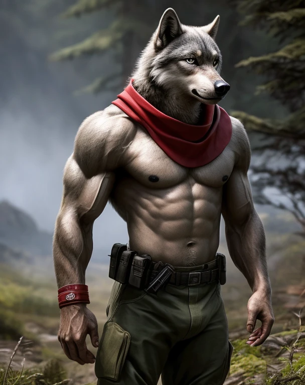 anthro, grey wolf, solo, male, adult, veiny muscles, muscular, buffed body, military pants, war hero, serious look, small eye, furred body, detailed background, wilderness background, clear weather, realistic, photorealistic, ultra realistic, 8k, bare-chested, red armband, black nipples, black eyes, tight big crotch, shirtless, red scarf, utility belt, glistening skin
