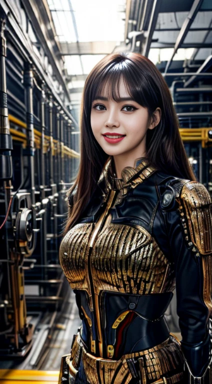 Virtual image,Realistic 8K images,,,Masterpiece,Complete Anatomy,Complete dynamic composition,morning sun,Light hits the front,young woman with long brown hair,sweet smile,smile at the corner of the mouth,cybernetic robot,Bikini body - white_orange_gold_metal, ,The background is the remains of a large robot machine..,The gears of large machines also rotted..