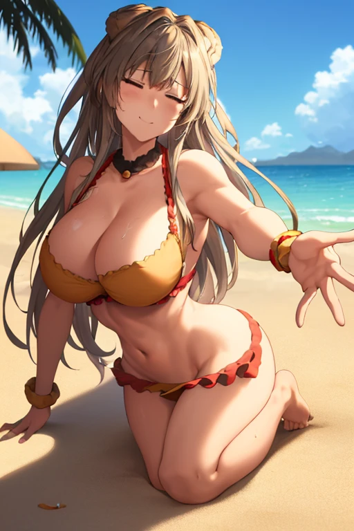masterpiece, best quality, beautiful art, high resolution, well formed hands, body and fingers, 1 woman, solo, Sento Isuzu, big breasted, cleavage, full body, hair ornament, gorgeous legs and thighs, wearing a Mata Hari outfit, sexy belly dancer,sexy and skimpy arabian belly dancer attire, ryona , in peril, , defeated , knocked out, passed out, unconscious, closed eyes, laying down on the sand, exposed extended body, bouncing breasts, sexy defeated pose, sexy smirk on her face, showing vulnerability and helplessness, defeat and KO scene, martial arts tournament on the beach