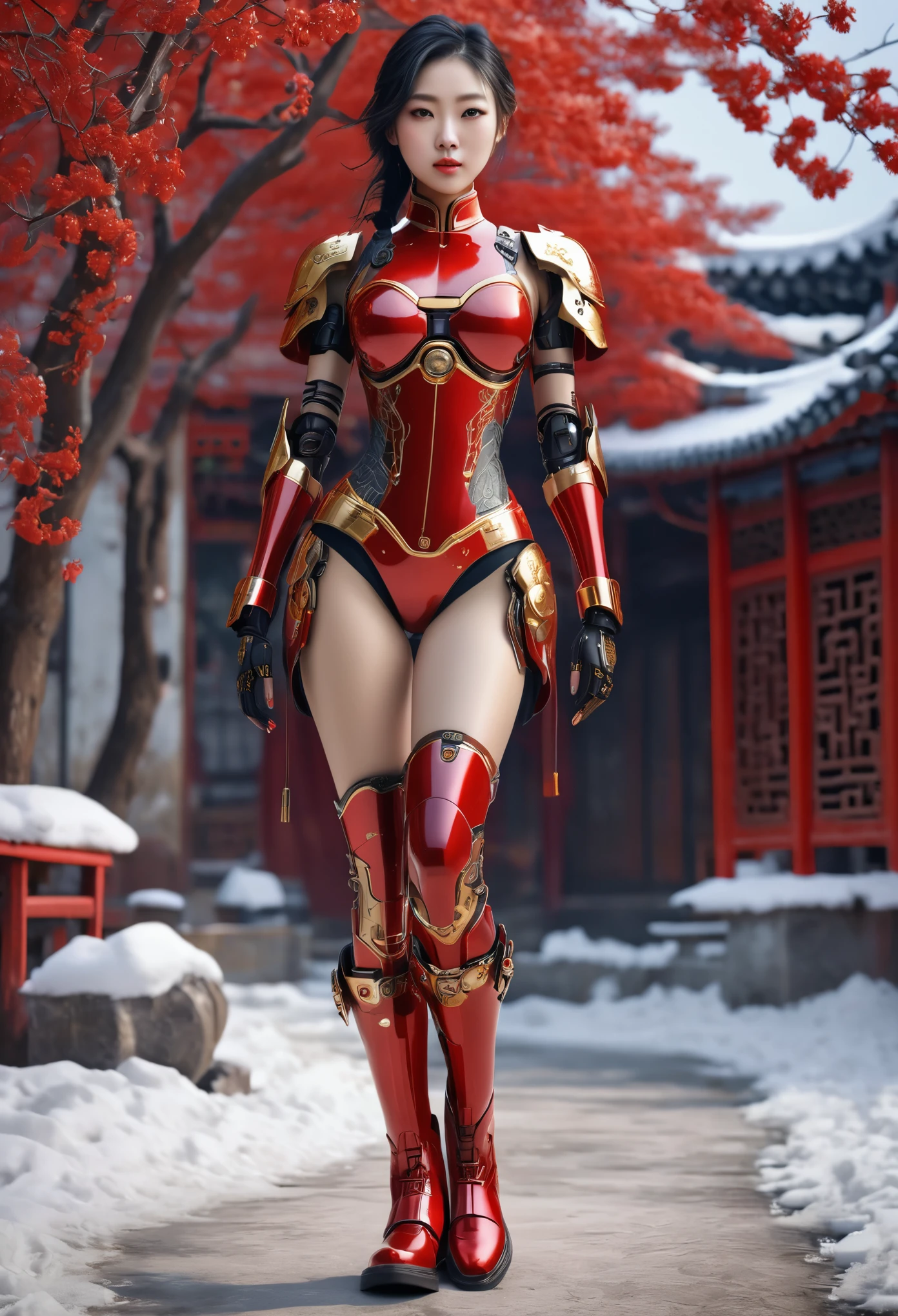 A portrait of a girl, costume semi cyborg Red combbination gold iron full body, middle breast, texture skin breast realistic, thight skin texture realistic, boots iron shoes, chinese style, typing art background, realist style, reality, photo, skin texture,dermatoglyphy,full body,snowscape,