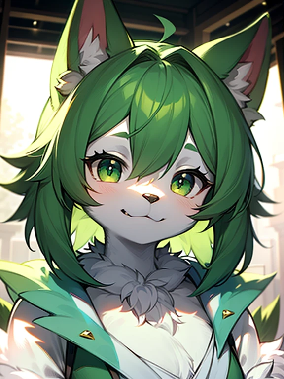 furry, white fur, ultra cute face, green elements on fur, beautiful lights and shadows, ambient light, ultra detailed fur, volumetric light