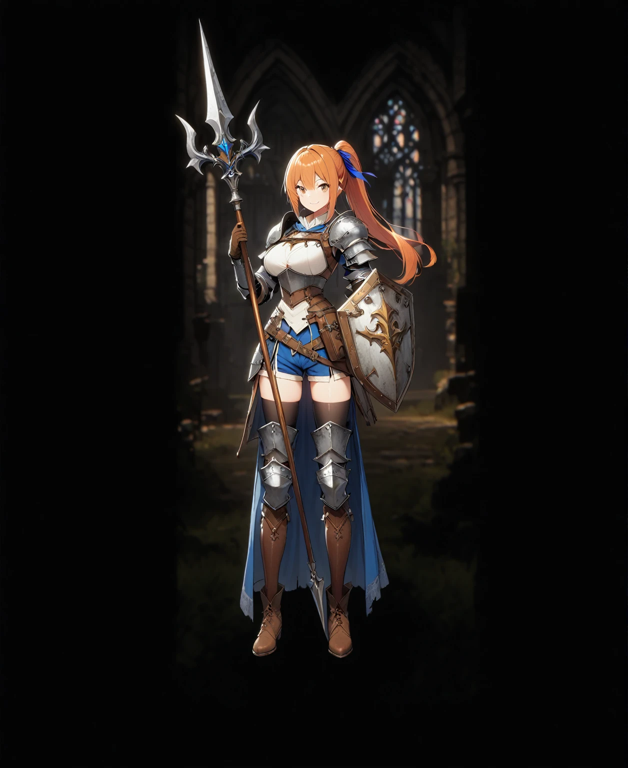 1girl, solo, shield, weapon, thighhighs, polearm, gloves, boots, long-hair, (((Medieval_background))), armor, brown-gloves, ponytail, orange-hair, full-body spear, ribbon, holding, holding-weapon, looking-at-viewer, hair-ribbon, black-thighhighs, brown-footwear, smile, brown-eyes, shirt, yellow-eyes, standing, shorts, knee-pads, blue-ribbon, belt, shoulder-armor, white-shirt, vest, approximate image, ((big boobs) 1.1), perfect face