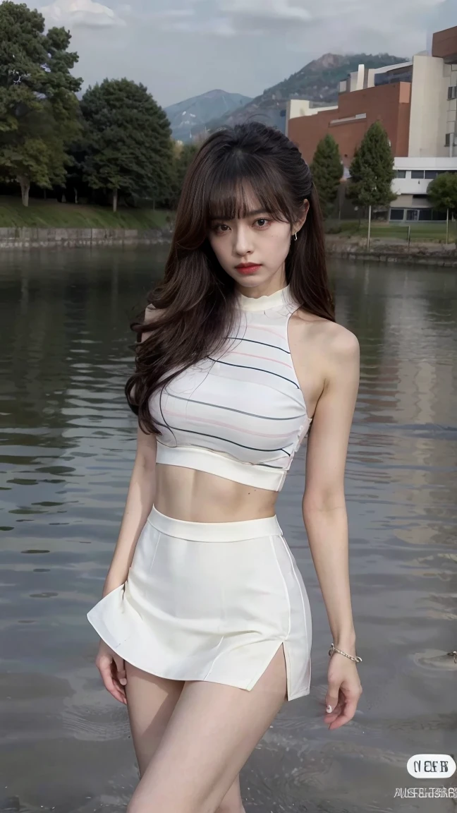 8K、Ultra HD resolution、Inspired by Liu Yan、movie stills、Dramatic、ridiculous、(best quality、Ultra HD resolution:1.3)、（original photo:1.5）、Standing by the river at night、searchlight、1 beautiful woman、35 years old、Fitness coach、Real People、Real face、With a baseball cap、Very detailed脸部细节、Exquisite eyes、smart eyes、Double eyelids、red puffy eyes、Fake laugh、Perfect body、toned muscles、Muscle lines、stylish fashion、(sophisticated fashion、complimentary colours、pattern、stripe、hollow、Lace、pattern)、Sexy miniskirt、Sexy long legs、Glamorous heels、Standing、Wet clothes、Very detailed，Detailed details、every detail、Ultra HD resolution、Natural Light