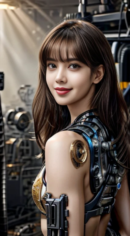 Virtual image,Realistic 8K images,,,Masterpiece,Complete Anatomy,Complete dynamic composition,morning sun,Light hits the front,young woman with long brown hair,sweet smile,smile at the corner of the mouth,cybernetic robot,Bikini body - white_orange_gold_metal, ,The background is the remains of a large robot machine..,The gears of large machines also rotted..