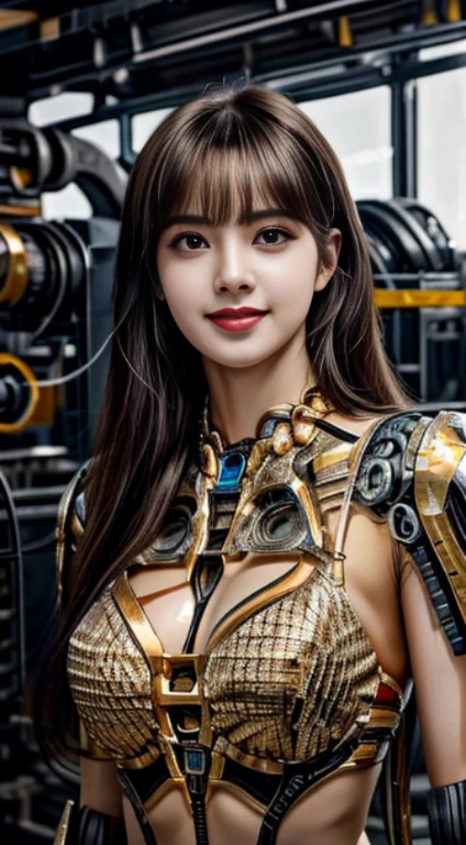 top-quality、​masterpiece、超A high resolution、(Photorealsitic:1.4)、Raw photo、Black hair、glowy skin、1 cyborg girl、((super realistic details))、portlate、Global Illumination、Shadow、octan render、8K、ultrasharp、Colossal tits、Raw skin is exposed in cleavage、Bionic Cyborg Girl、Black fiberglass body、Details of intricate ornaments of golden color、Insect specifics、Biological curve form、Golden hydraulic cylinder、highly intricate detail、Realistic light、CGSoation Trends、a purple eye、radiant eyes、Facing the camera、neon details、blood vessels connected to tubes、Mechanical vertebrae attached to the back、mechanical cervical attaching to neck、sitting on、Wires and cables connecting to the head、Gorgeous headset、Glowing LED lamp、The background is a steampunk room、