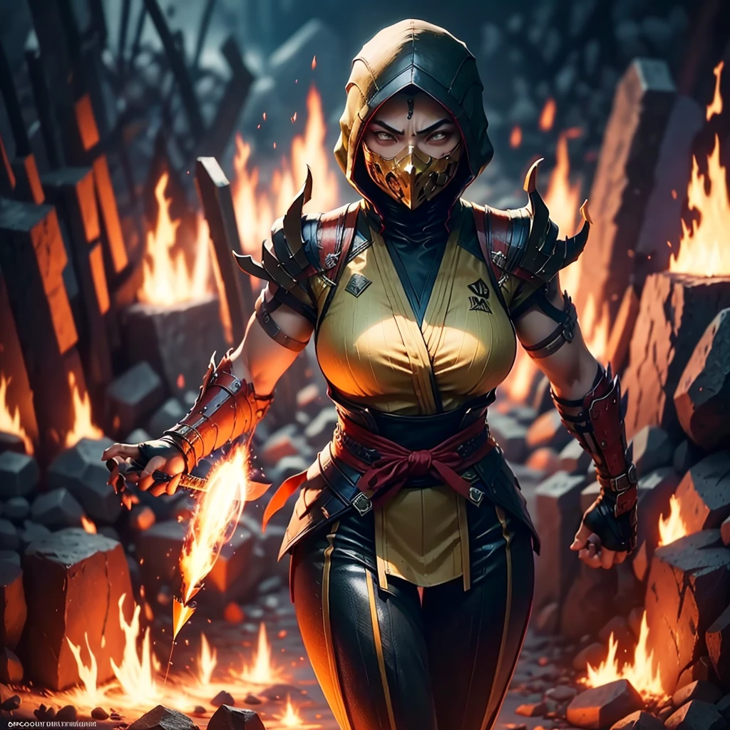 beautiful woman, one woman only, Scorpion from Mortal Kombat, full body, long black hair, face covered with scopen mask, ninja clothing, absolute resolution, high resolution, ultra detailed, kunai weapon, infernal background, intensely detailed fire, Ninja.