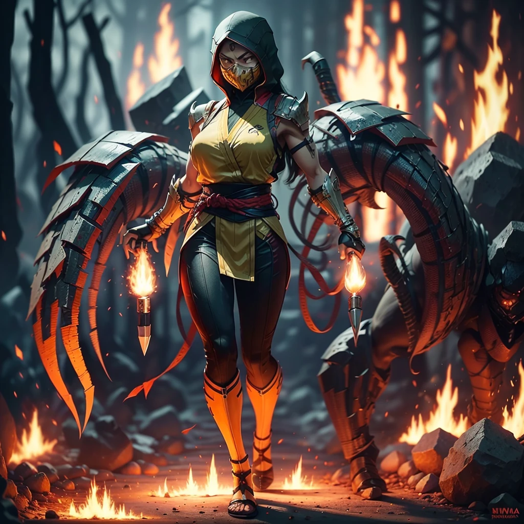 beautiful woman, one woman only, Scorpion from Mortal Kombat, full body, long black hair, face covered with scopen mask, ninja clothing, absolute resolution, high resolution, ultra detailed, kunai weapon, infernal background, intensely detailed fire, Ninja.