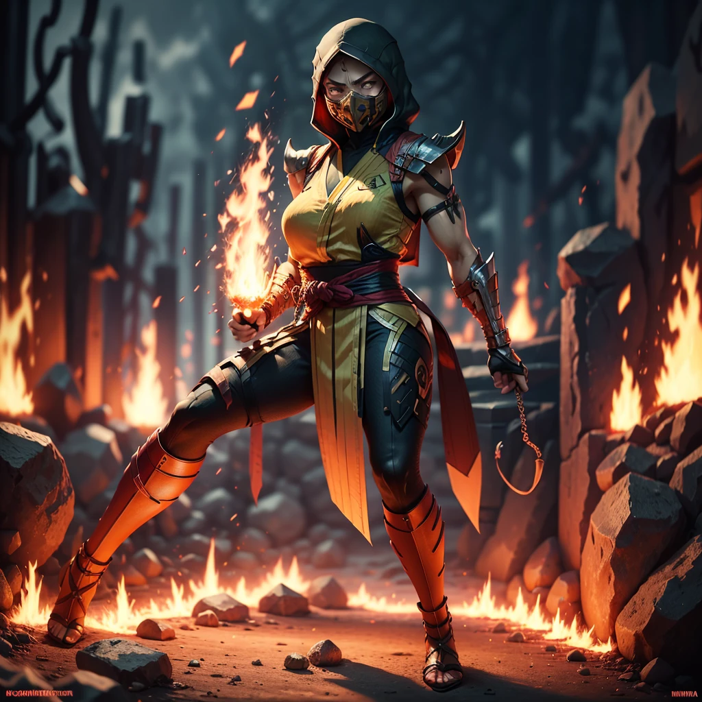 beautiful woman, one woman only, Scorpion from Mortal Kombat, full body, long black hair, face covered with scopen mask, ninja clothing, absolute resolution, high resolution, ultra detailed, kunai weapon, infernal background, intensely detailed fire, Ninja.