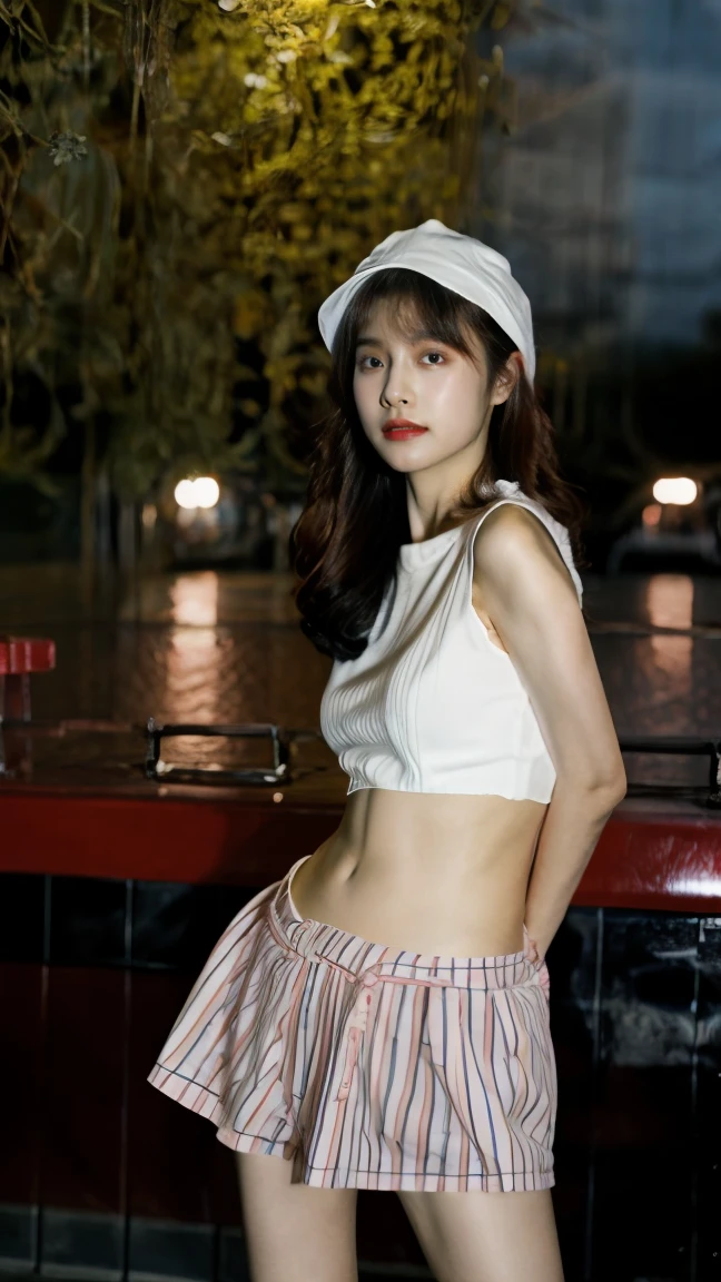 8K、Ultra HD resolution、Inspired by Liu Yan、movie stills、Dramatic、ridiculous、(best quality、Ultra HD resolution:1.3)、（original photo:1.5）、Standing by the river at night、searchlight、1 beautiful woman、35 years old、Fitness coach、Real People、Real face、With a baseball cap、Very detailed脸部细节、Exquisite eyes、smart eyes、Double eyelids、red puffy eyes、Fake laugh、Perfect body、toned muscles、Muscle lines、stylish fashion、(sophisticated fashion、complimentary colours、pattern、stripe、hollow、Lace、pattern)、Sexy miniskirt、Sexy long legs、Glamorous heels、Standing、Wet clothes、Very detailed，Detailed details、every detail、Ultra HD resolution、Natural Light