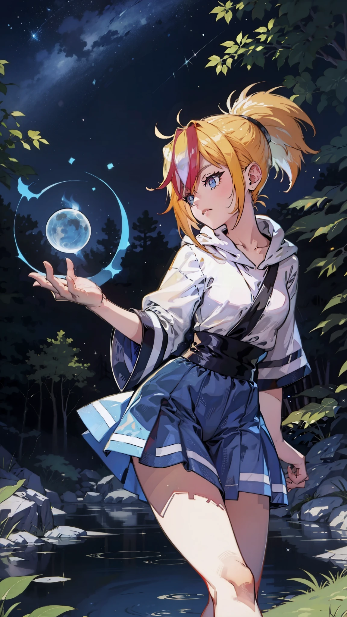 (best quality,ultra-detailed:1.2),ultra detailed face,ultra detailed hair,long eyelashes,glowing blue eyes,glowing lips,black and white and blue kimono,katana,cute pose,camping at night,standing pose,powerful instance,looking to the Sky,dark black hair,slender body,pale skin,peaceful expression,soft wind blowing,starlit night sky,subtle moonlight,tall grass,fireflies dancing in the air,tranquil atmosphere,serene ambiance,mysterious aura,deep feeling of tranquility,silhouette against the night sky,reflections on the water,ethereal charm,majestic presence,calming presence,mesmerizing beauty,graceful movements,dreamlike setting,whispers of nature,faint rustling of leaves,magical surroundings,unforgettable memories,radiating inner peace,vibrant colors,harmonious composition,intricate details,emotional depth,meticulous brushwork,sublime artistry,captivating realism,visual storytelling,immersive experience,unparalleled craftsmanship,lucid dreamscape