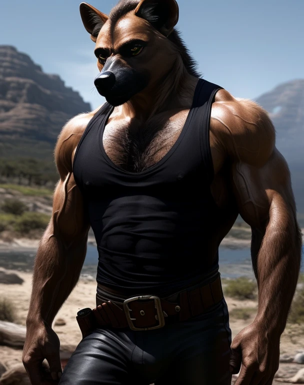 anthro, brown hyena, solo, male, adult, veiny muscles, buffed body, toned muscle, dark black pants, terrorist, bad guy, criminal, pirate, serious look, fierce look, small eye, furred body, furry chest hair, detailed background, wilderness background, clear weather, realistic, photorealistic, ultra realistic, 8k, tight crotch, ragged tight black tank top, highlighted muscles, focus on chest muscles