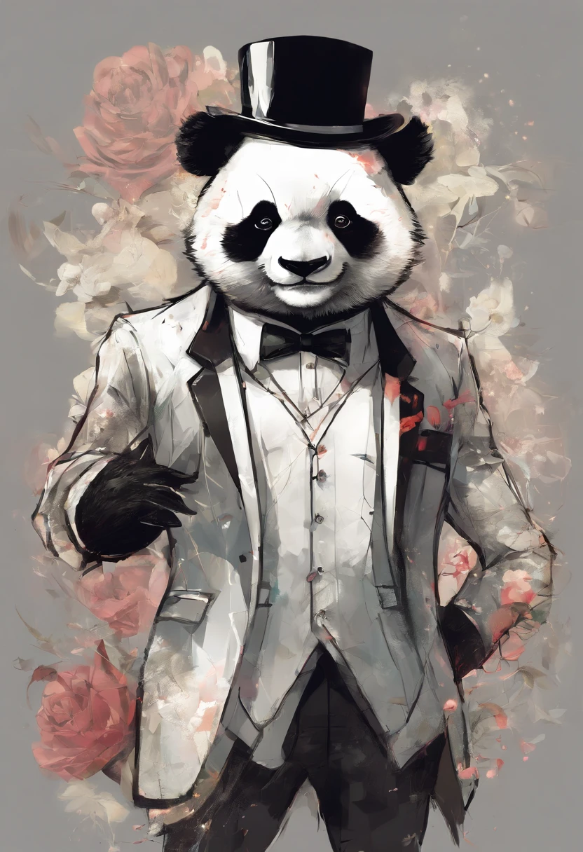 anthropomorphic panda, de cuerpo entero, vestido formalmente con un blazer, sostiene una bandeja, pegatina de panda, sticker de panda.